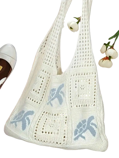 Crochet Knit Beach Tote Bag with Embroidered Coastal Inspired Pattern