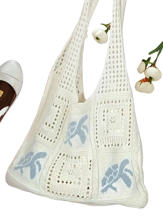Crochet Knit Beach Tote Bag with Embroidered Coastal Inspired Pattern