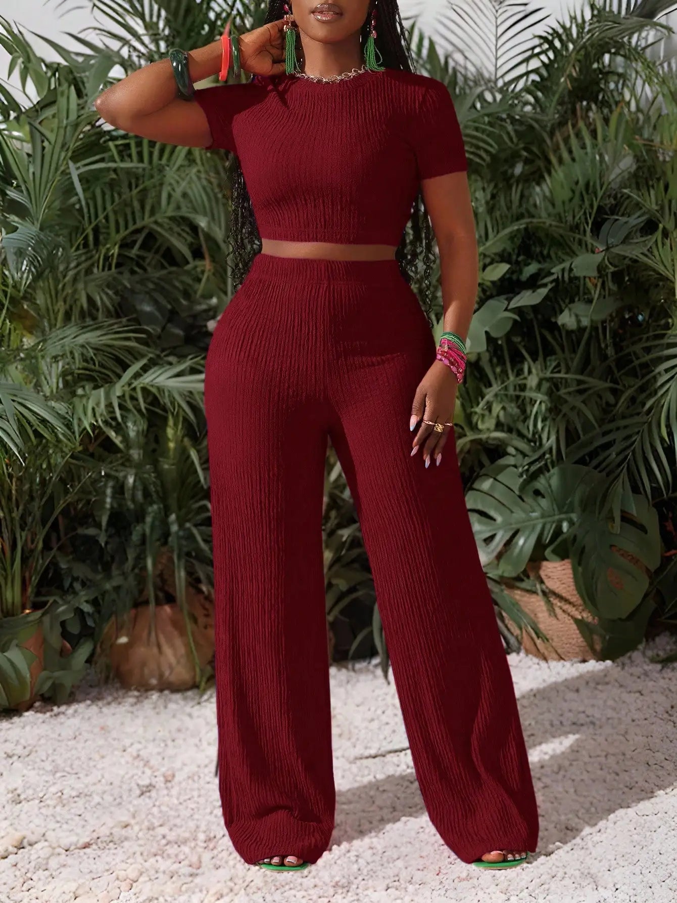 Women's Knit Crop Top and Wide Leg Pants Co-Ord Set