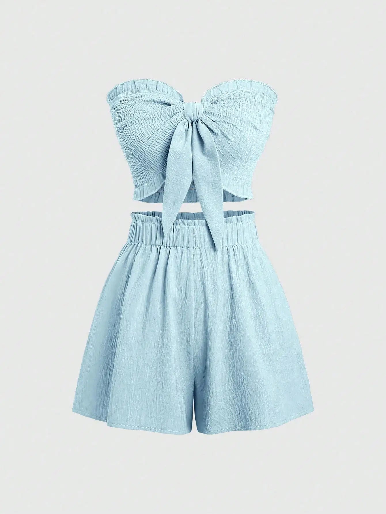Front Knot Strapless Top and Shorts Summer Casual Co-Ord Set
