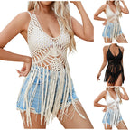 Bohemian Crochet-Look Deep V-Neck Cover-Up Top with Long Fringe Hem