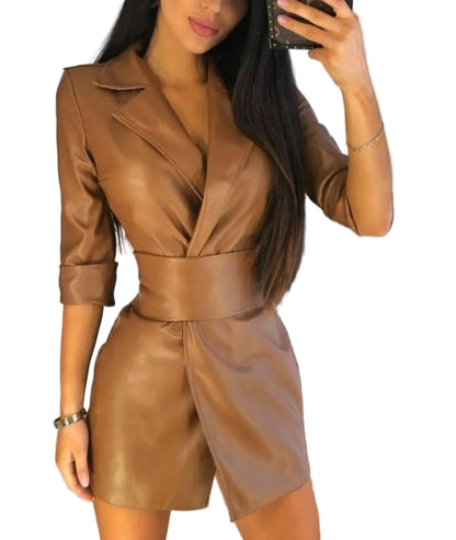 Faux Leather Wrap Mini Dress with Long Sleeves and Tailored Fit