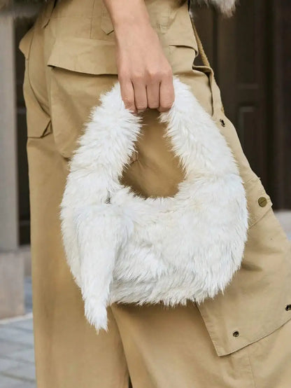 Faux Fur Hobo Shoulder Bag with Chain Detail Y2K Inspired Styling
