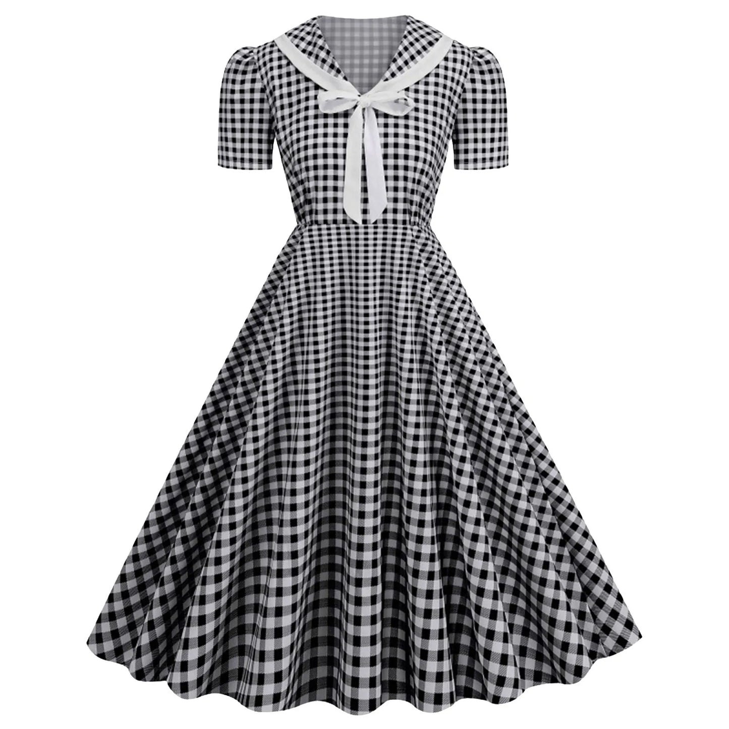 Vintage Gingham Bow Collar Retro Inspired Alternative Swing Midi Dress