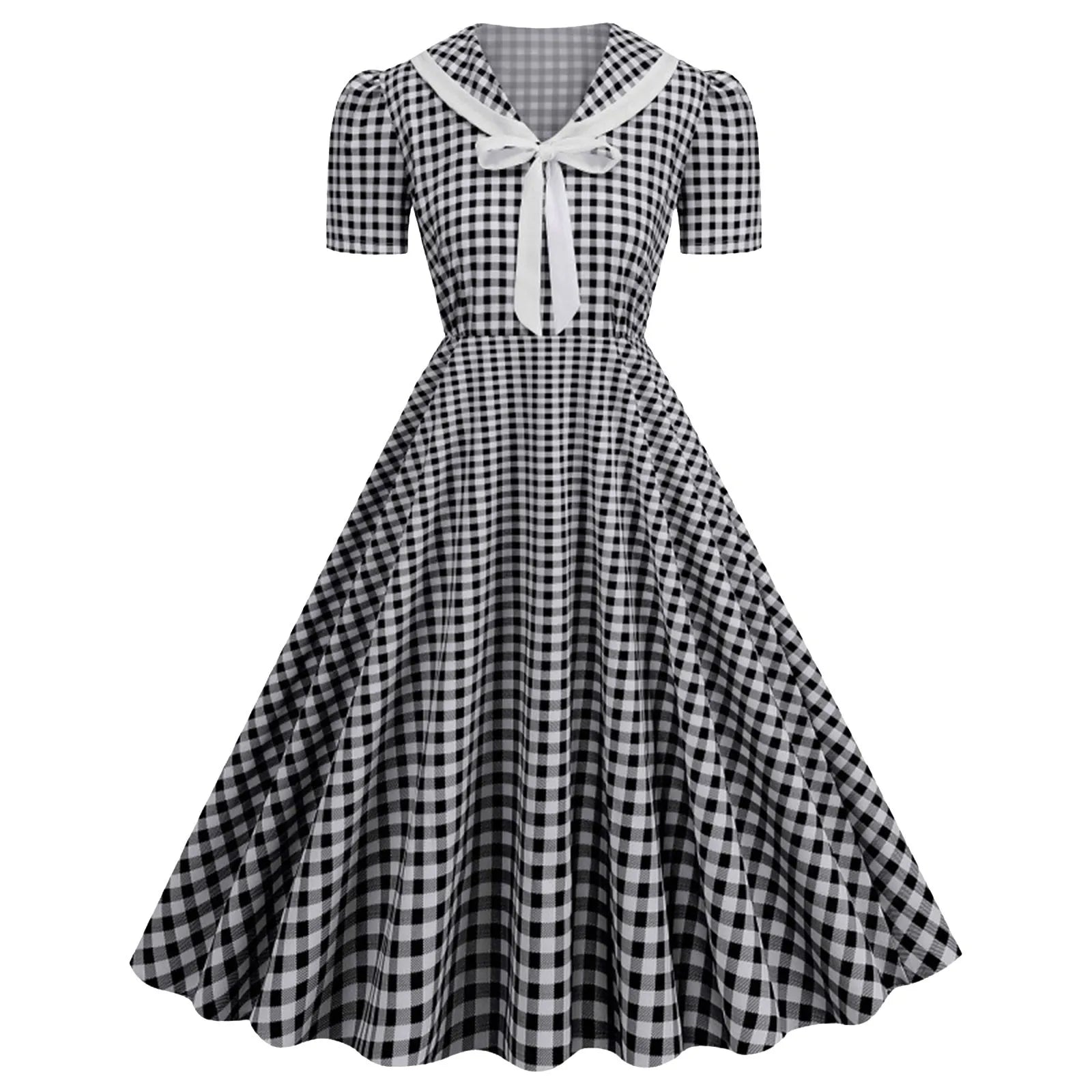 Vintage Gingham Bow Collar Retro Inspired Alternative Swing Midi Dress