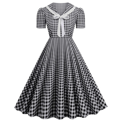Vintage Gingham Bow Collar Retro Inspired Alternative Swing Midi Dress