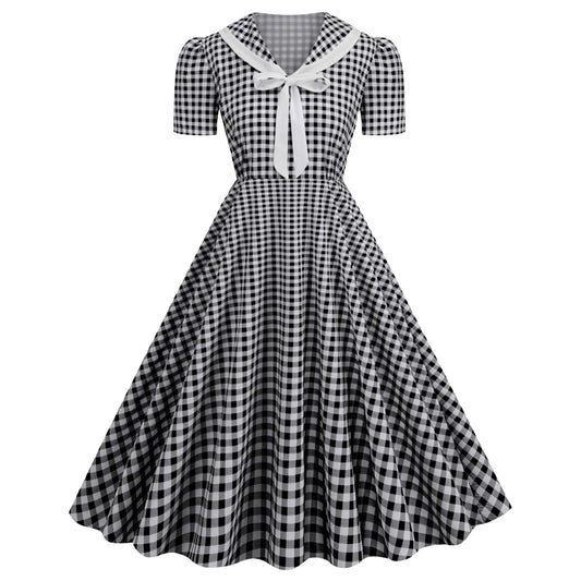 Vintage Gingham Bow Collar Retro Inspired Alternative Swing Midi Dress