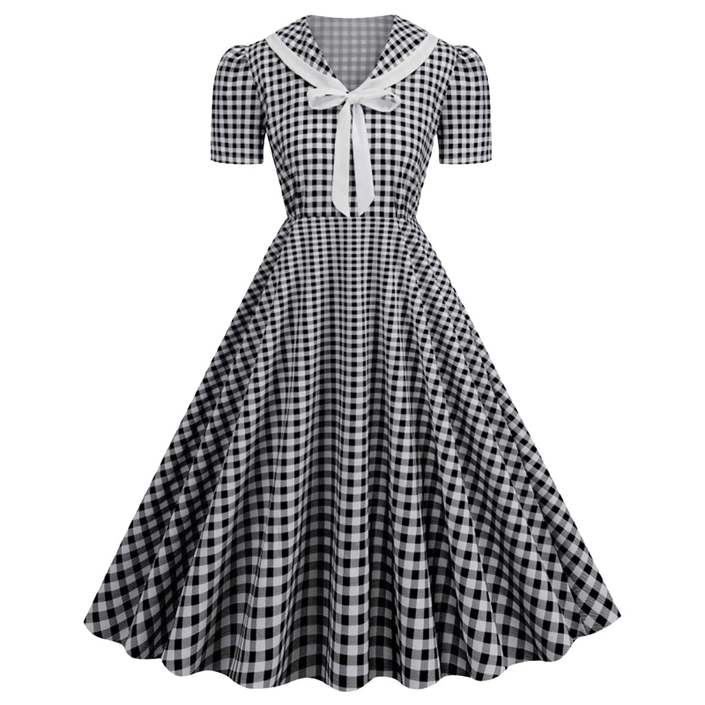 Vintage-Inspired Red Gingham Swing Dress with Contrasting Collar