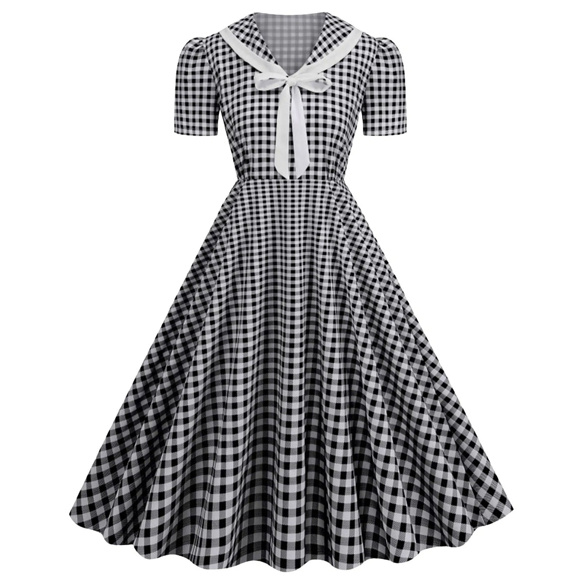 Vintage-Inspired Red Gingham Swing Dress with Contrasting Collar