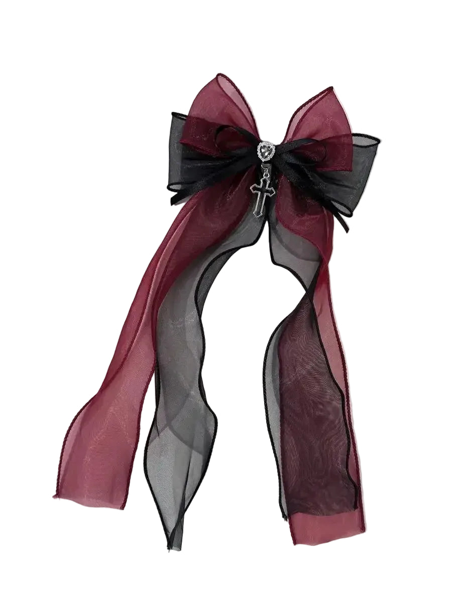 Gothic Mesh Bow Hair Clip With Cross Charm Alternative Statement Accessory