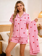 Three-Piece Cream Bow Print Pajama Lounge Set with Short-Sleeve Button-Down Top, Matching Shorts and Long Pants