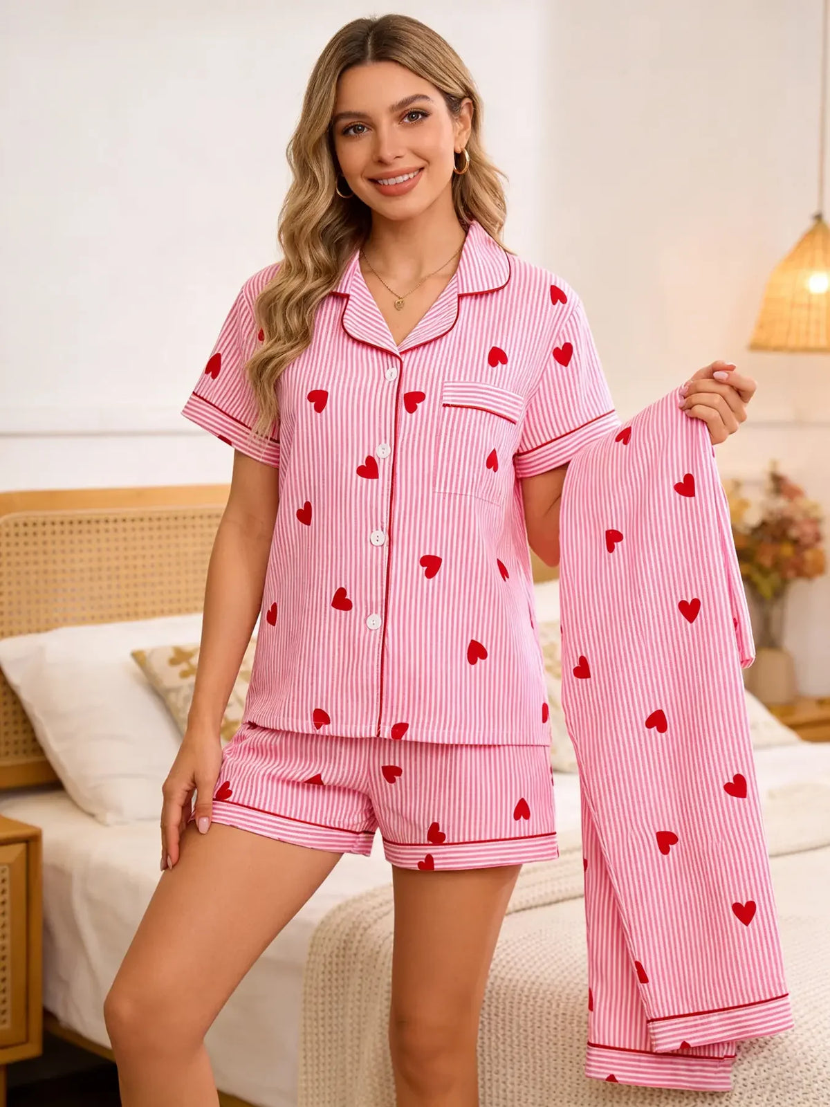 Three-Piece Cream Bow Print Pajama Lounge Set with Short-Sleeve Button-Down Top, Matching Shorts and Long Pants