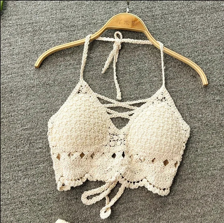 Women's Crochet Halter Neck Backless Crop Top with Tassel Detail for Summer Streetwear Style