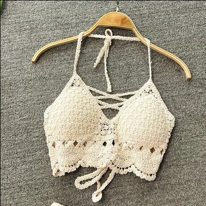 Women's Crochet Halter Neck Backless Crop Top with Tassel Detail for Summer Streetwear Style