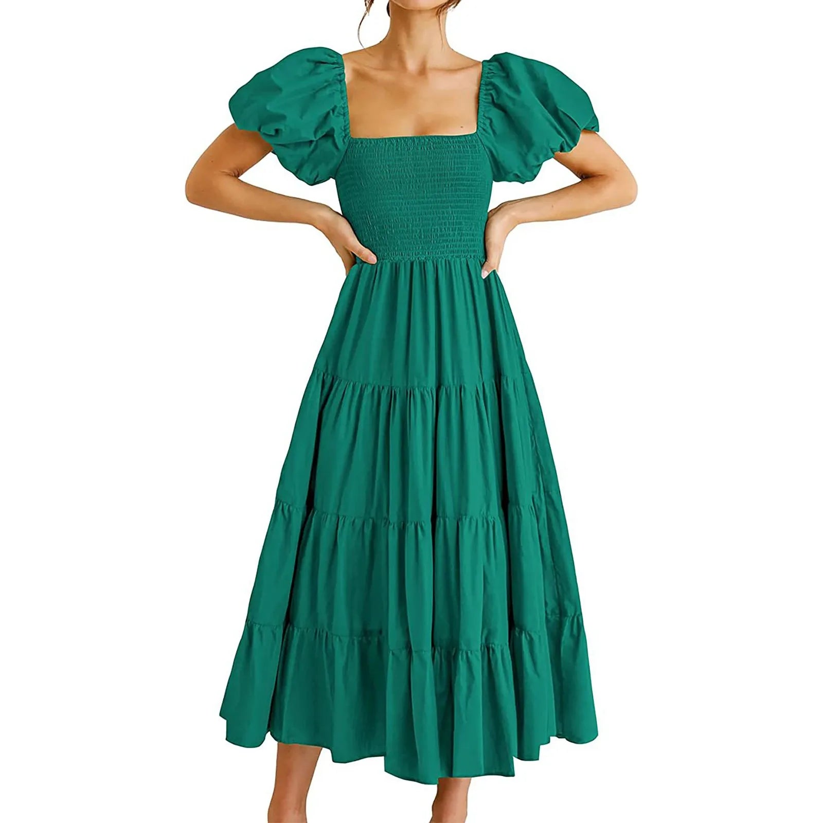 Square Neck Midi Dress with Puff Sleeves and Open Back Design