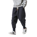 Men's Cotton Linen Drop Crotch Harem Pants with Elastic Waist Relaxed Casual Streetwear Style