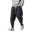 Men's Cotton Linen Drop Crotch Harem Pants with Elastic Waist Relaxed Casual Streetwear Style