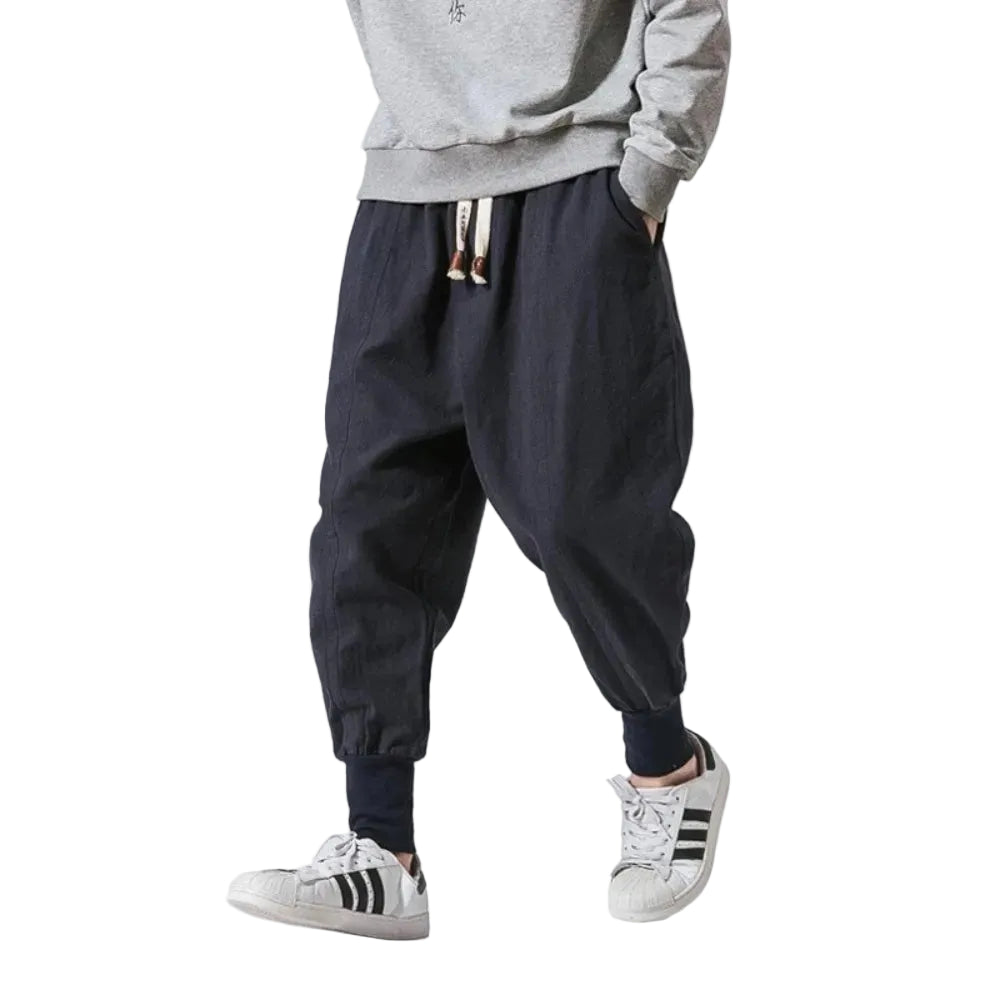 Men's Cotton Linen Drop Crotch Harem Pants with Elastic Waist Relaxed Casual Streetwear Style
