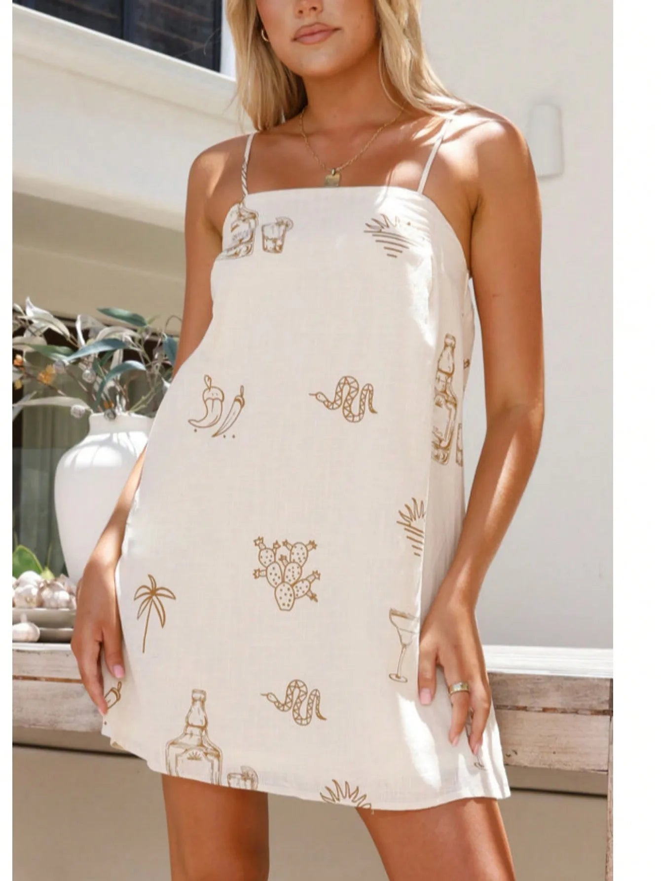 Spaghetti Strap Graphic Print A-Line Mini Dress with Relaxed Summer Silhouette
