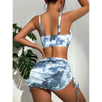 Blue Abstract Print Three-Piece Swimwear Set with Ruched Mini Skirt