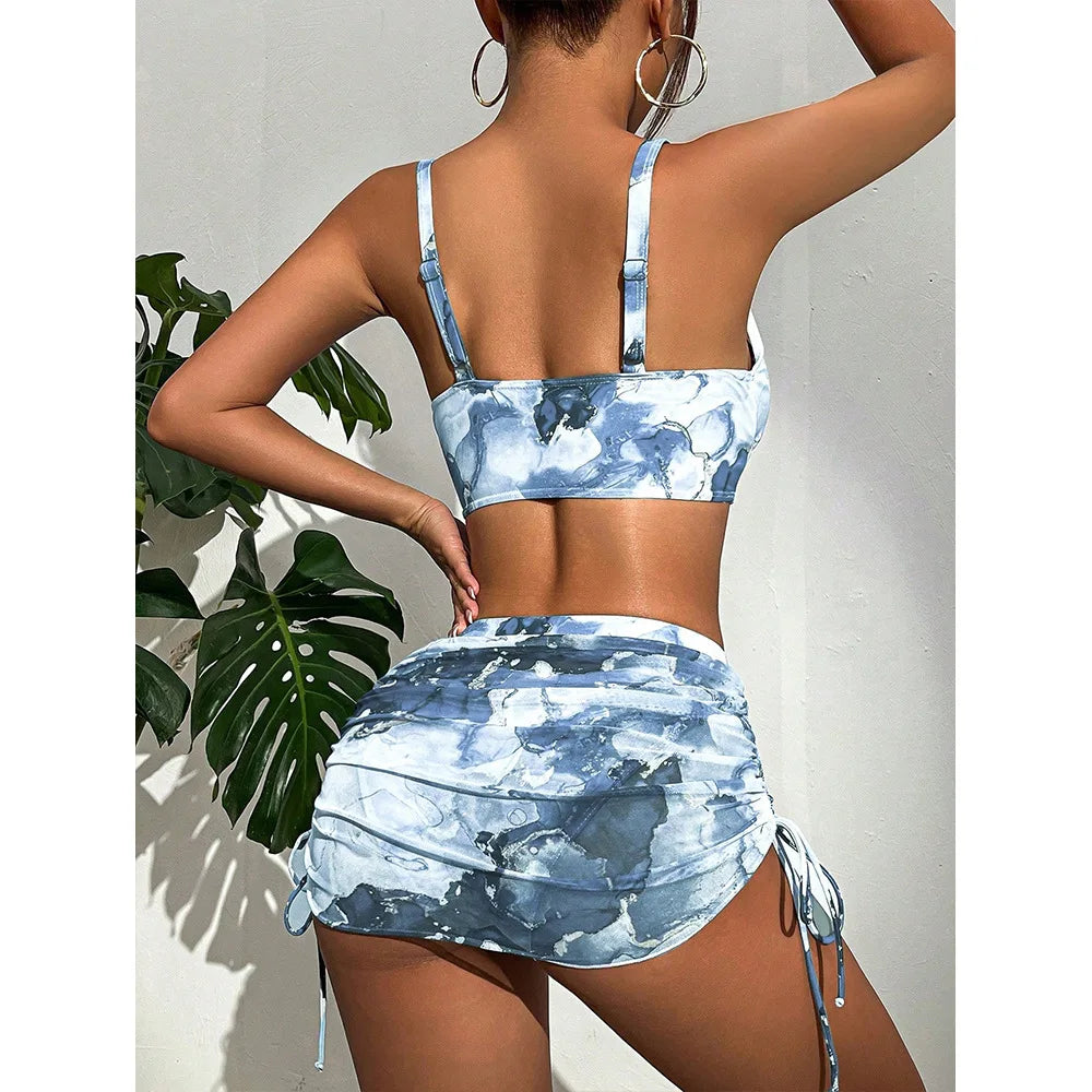 Blue Abstract Print Three-Piece Swimwear Set with Ruched Mini Skirt