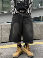 Men's Wide Leg Stonewashed Denim Shorts with Relaxed Knee Length Casual Streetwear Fit