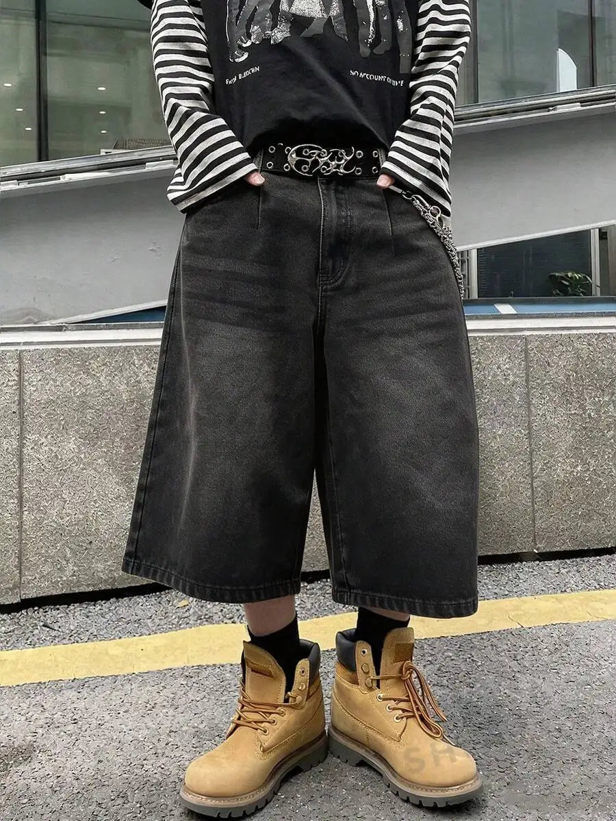 Men's Wide Leg Stonewashed Denim Shorts with Relaxed Knee Length Casual Streetwear Fit