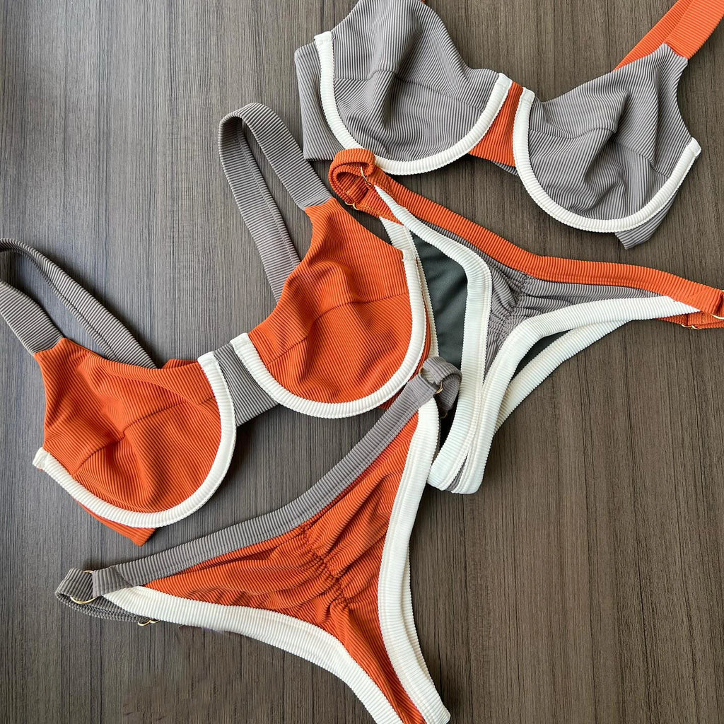 Color-Block Underwire Bikini Set with Plunge Neckline and Contrast Binding