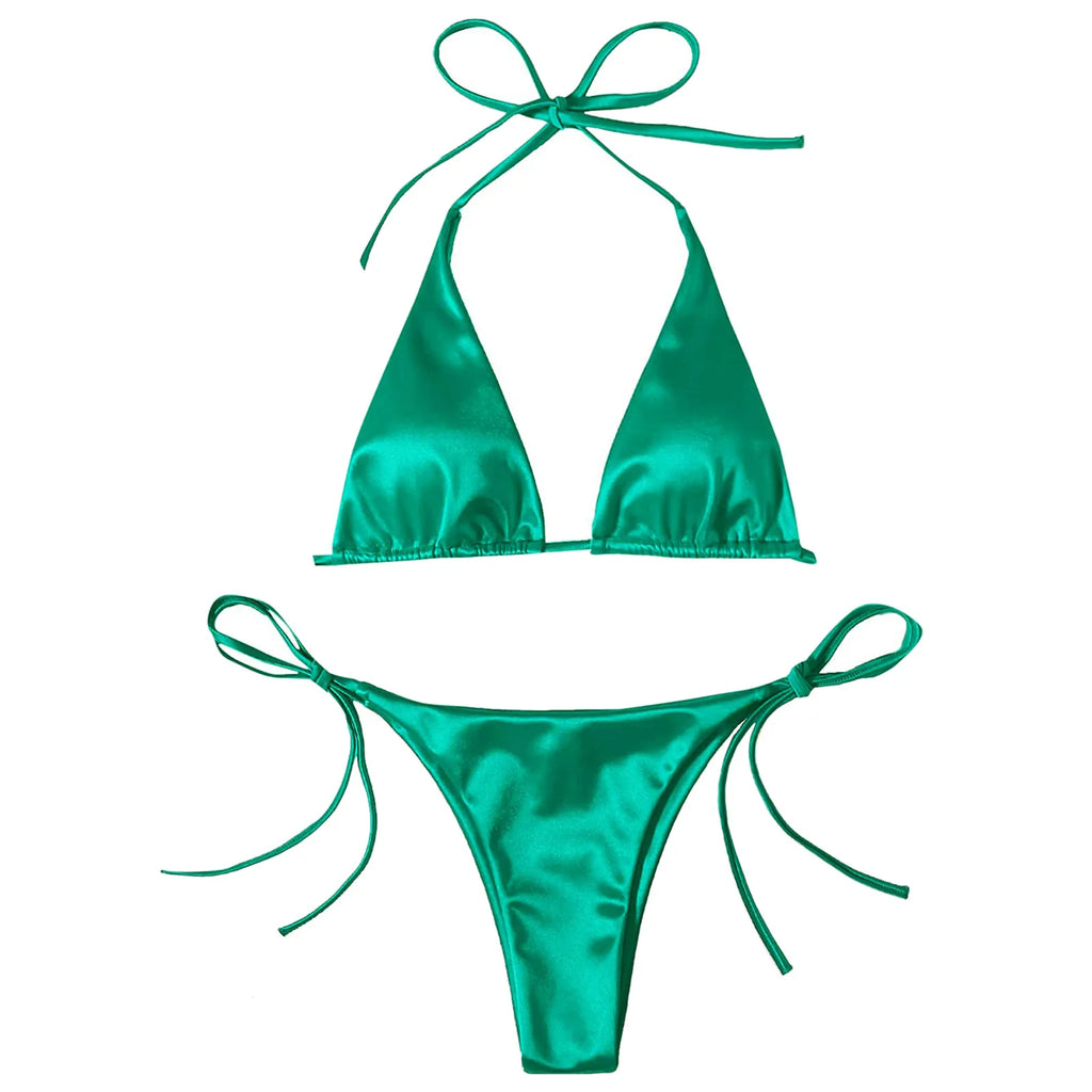 Metallic Satin Halter Bikini Set with High-Cut Bottom, Brazilian-Inspired Silhouette and Shimmering Beachwear Finish
