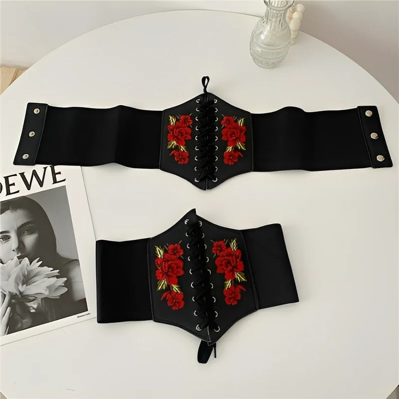Embroidered Faux Leather Corset Belt with Wide Waist-Defining Silhouette