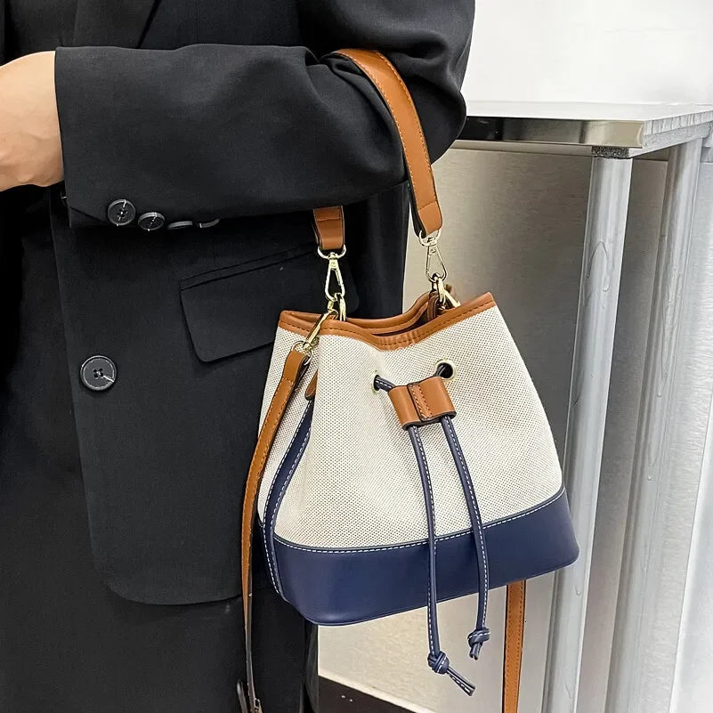 Contrast Panel Bucket Crossbody Shoulder Bag with Drawstring Closure