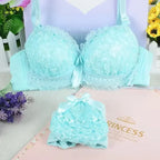 Pastel Floral Lace Contoured Push-Up Bra and Ruffled Cheeky Panty Set with Satin Bow Accents