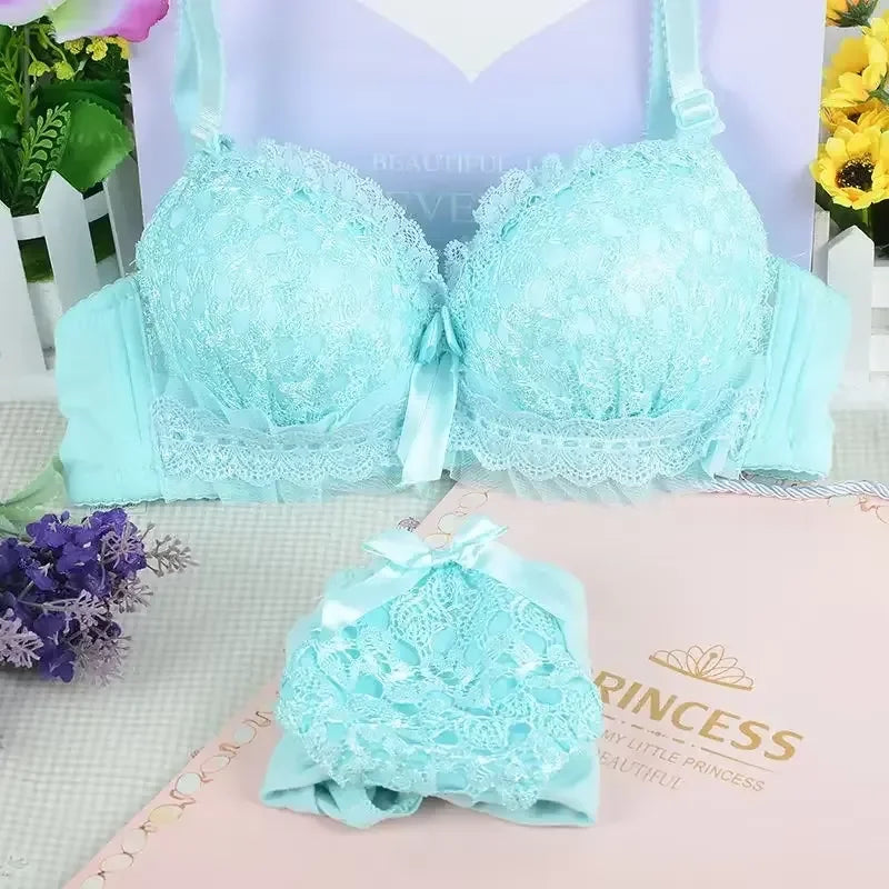 Pastel Floral Lace Contoured Push-Up Bra and Ruffled Cheeky Panty Set with Satin Bow Accents