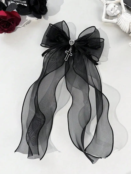 Gothic Mesh Bow Hair Clip With Cross Charm Alternative Statement Accessory