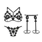 Bold Black Strappy Open-Cup Lingerie Set with Floral Appliqués and Leg Harnesses