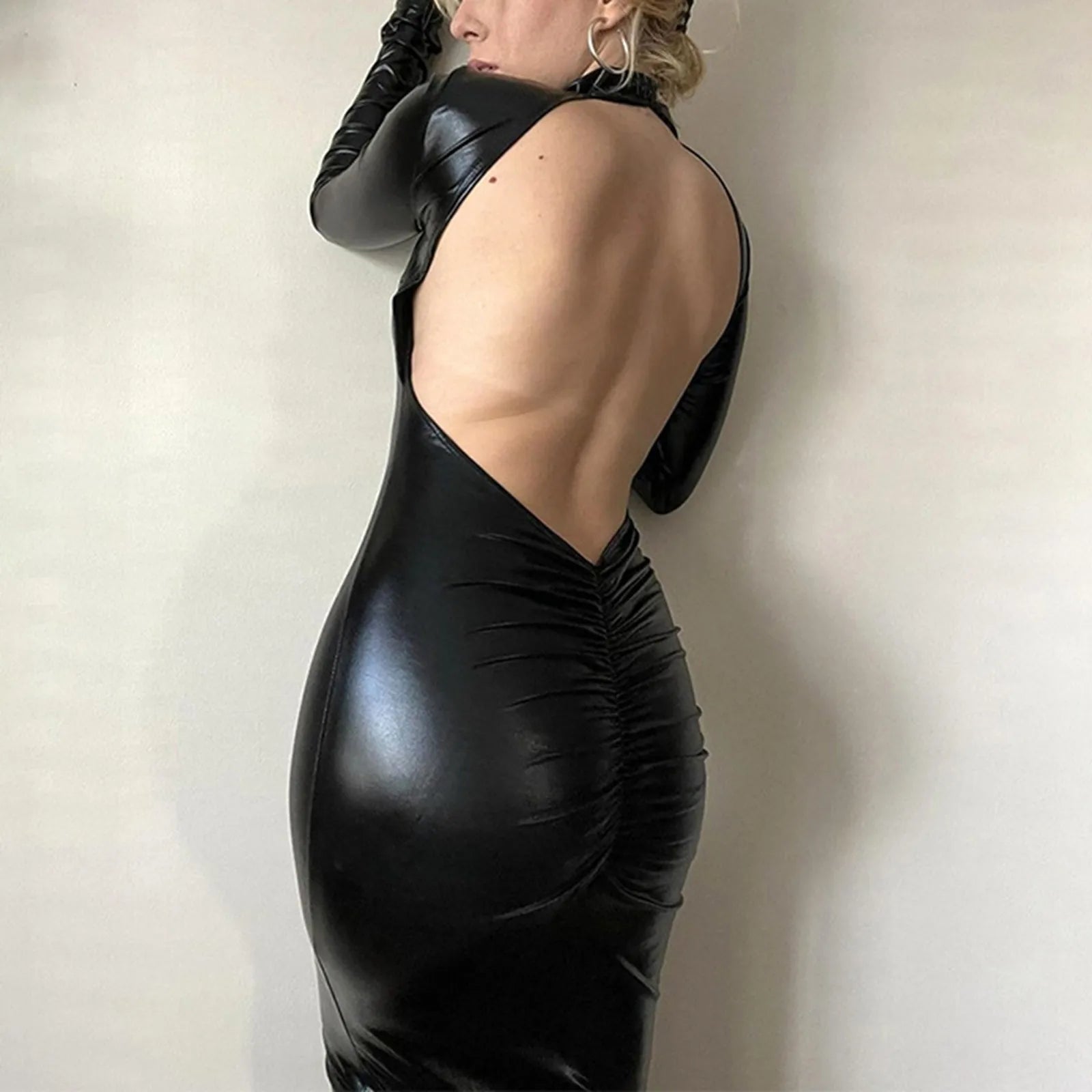 Shimmer Bodycon Maxi Dress with Open Back and Long Sleeves