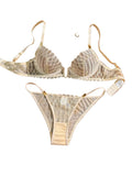 Beige Geometric Embroidered Sheer Mesh Plunge Bra and Panty Set