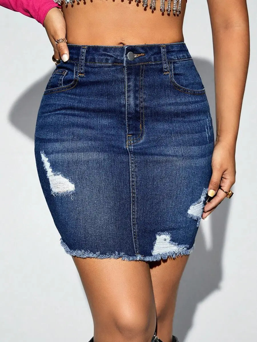 Distressed Raw Hem Denim Mini Skirt with Frayed Edge Streetwear Styling