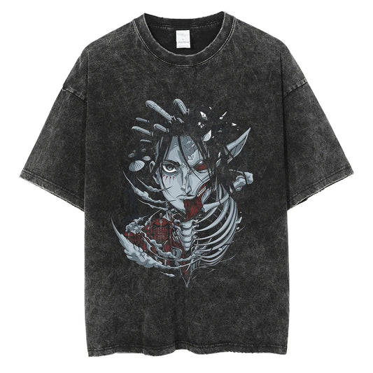 Anime Goth Distressed Streetwear Graphic Tee with Dark Manga Illustration