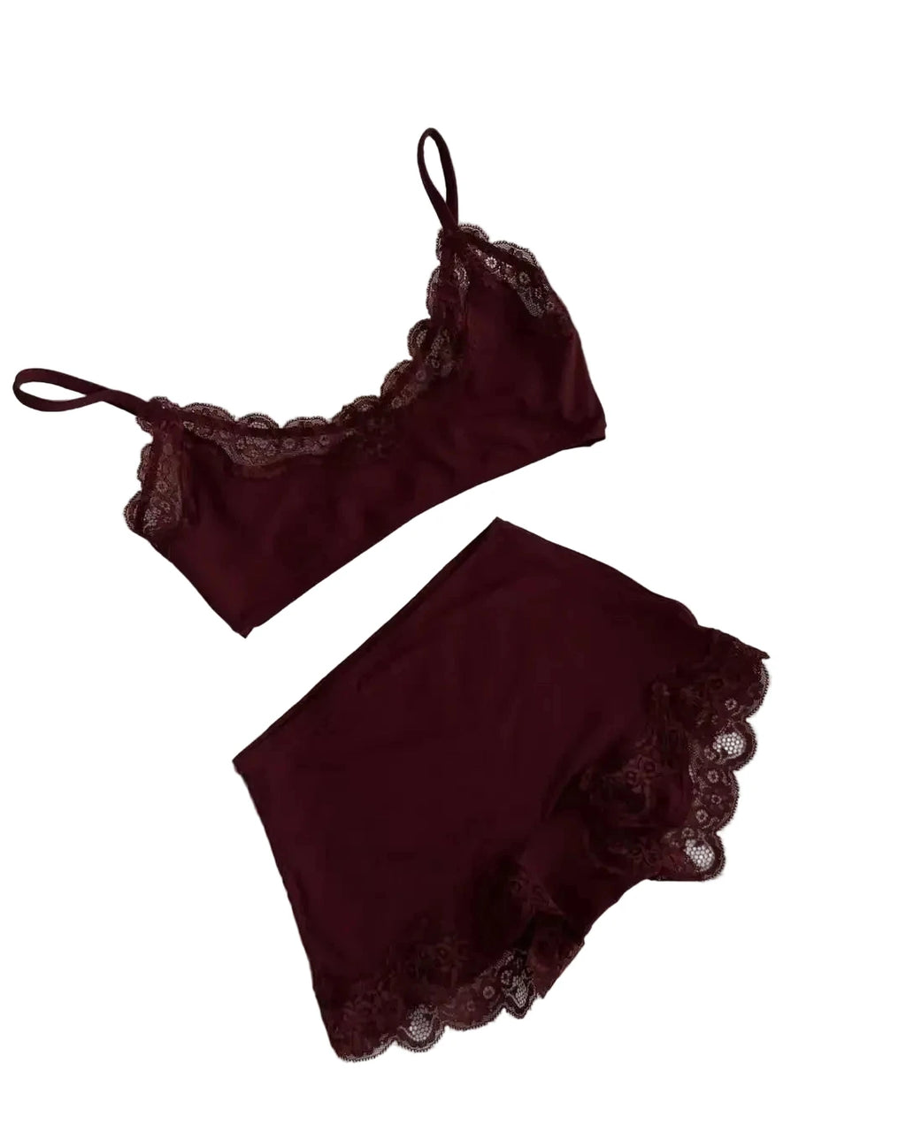 Rich Burgundy Lace-Trimmed Plunge Bralette and Lounge Short Set