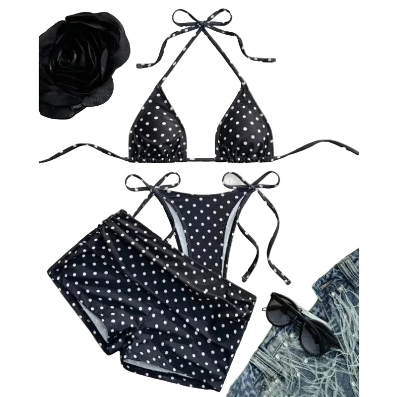 Classic Polka Dot Three-Piece Swimwear Set with Matching Swim Bottom