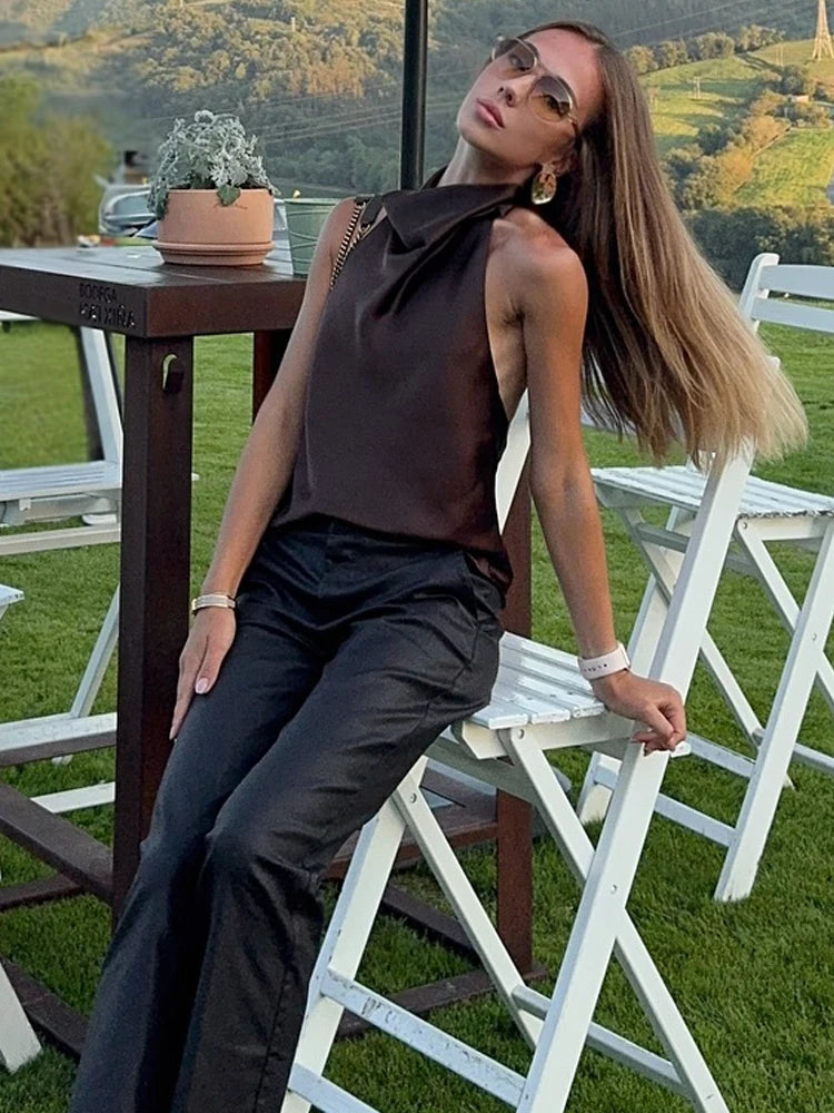 Draped Halter Sleeveless Tank Top with Relaxed Fit Contemporary Streetwear Design
