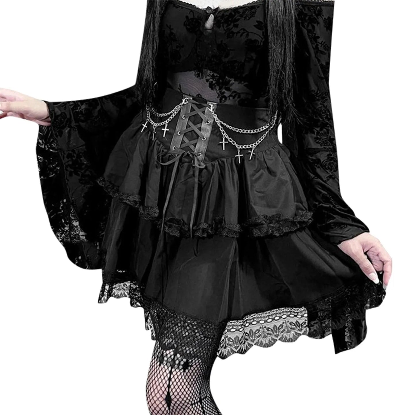 Layered Lace Gothic Mini Dress With Alternative Fashion Ruffle Skirt Design
