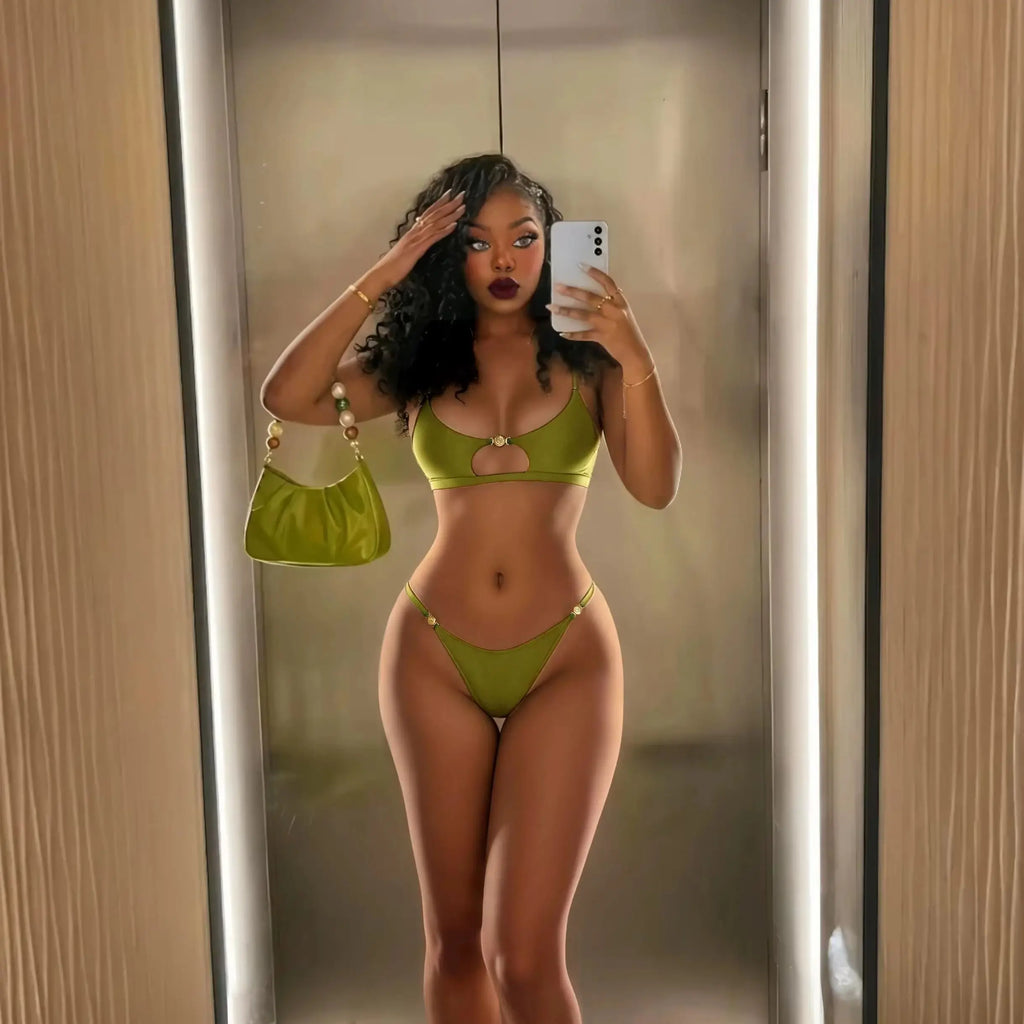 Solid Olive Green Bandeau Swim Set with Draped Maxi Skirt Cover-Up