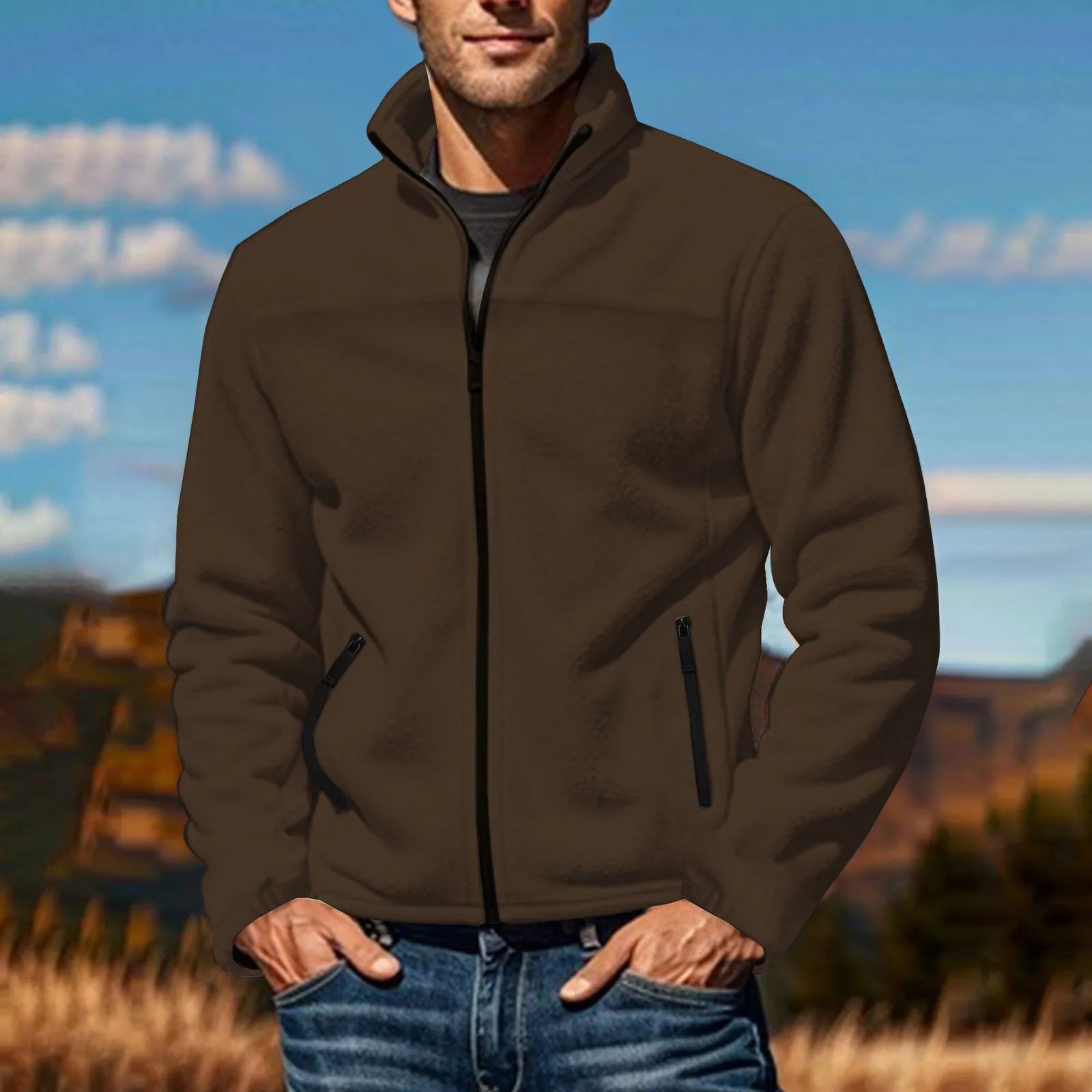 Men's Full Zip Fleece Jacket with Stand Collar for Everyday Outdoor Streetwear Layering