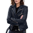 Women's Cropped Faux Leather Moto Jacket with Belted Waist Contemporary Streetwear Style