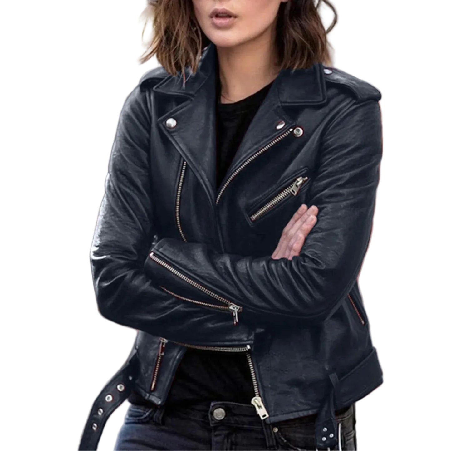 Women's Cropped Faux Leather Moto Jacket with Belted Waist Contemporary Streetwear Style