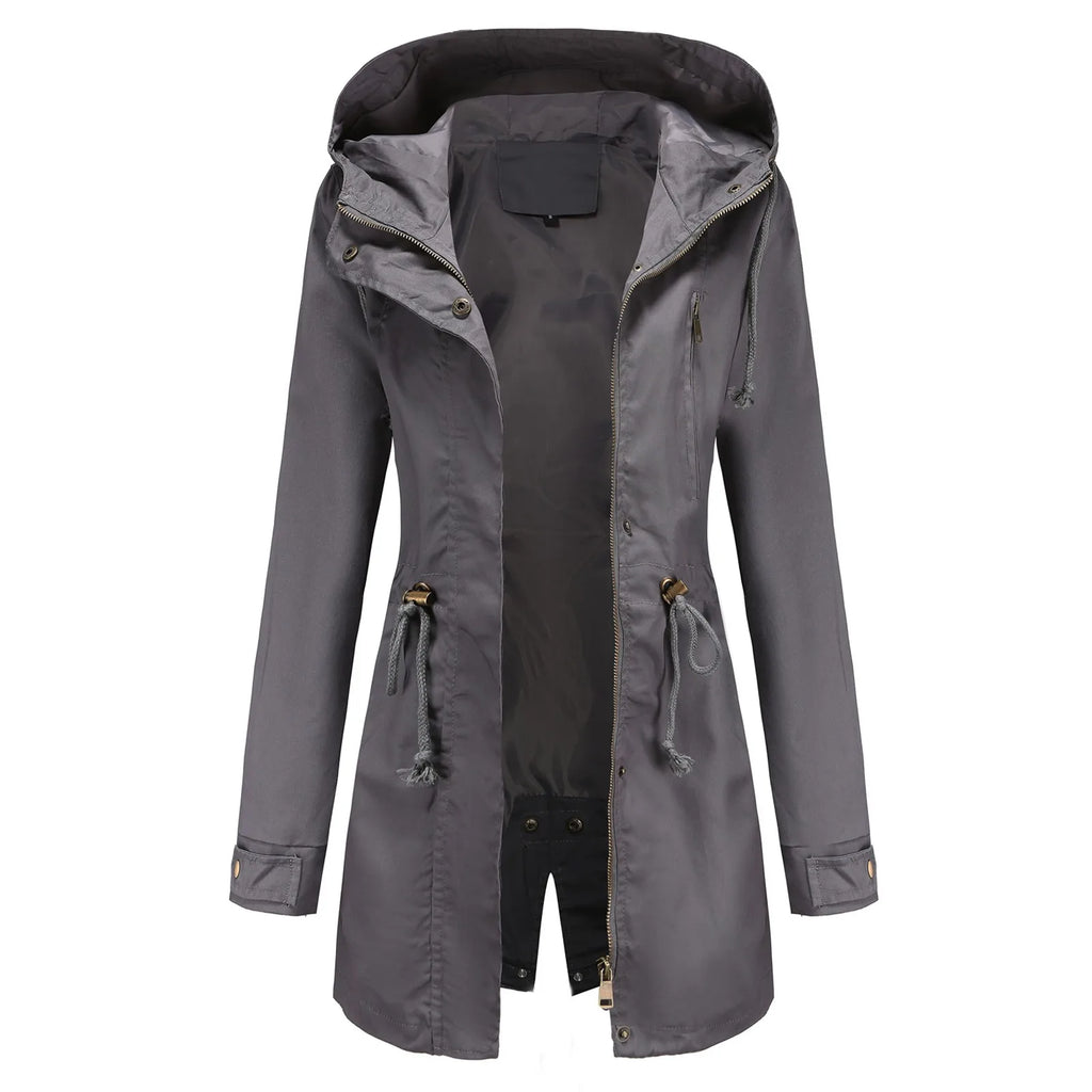 Women's Hooded Drawstring Longline Windbreaker Jacket with Lightweight Streetwear Outdoor Style