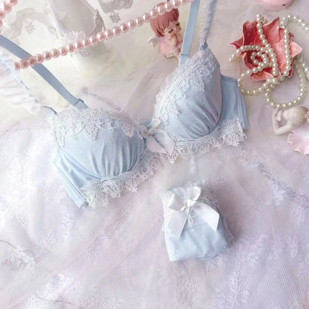 Pastel Pink Water-Soluble Lace Bra and Panty Set with Ribbon Details