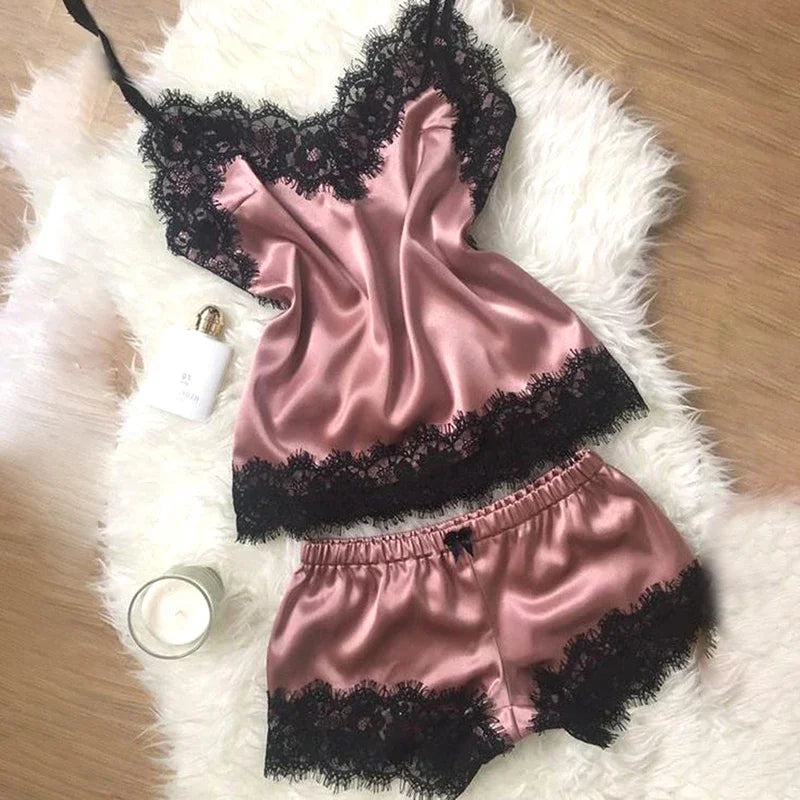 Satin Cami Pajama Set with Black Lace Trim, Delicate Spaghetti Straps and Coordinating Shorts